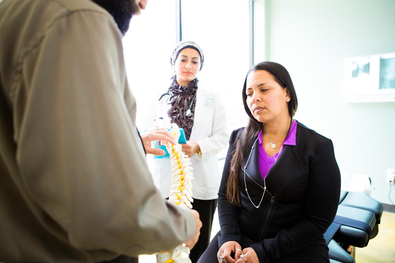 person looking at spine model